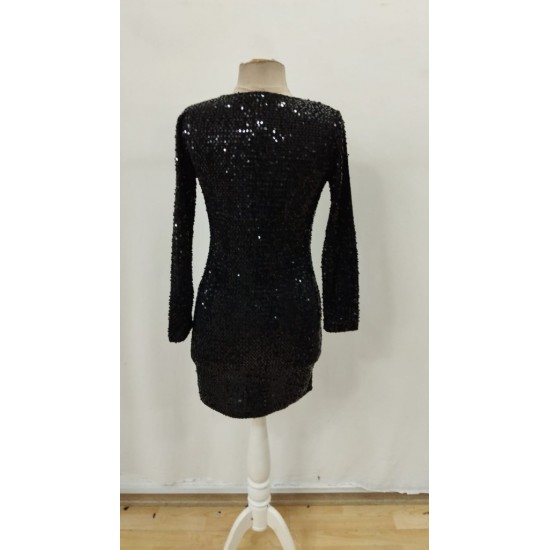 Kadın Uzun Kollu Derin V Yakalı Mini Pulpayet Elbise , 29871