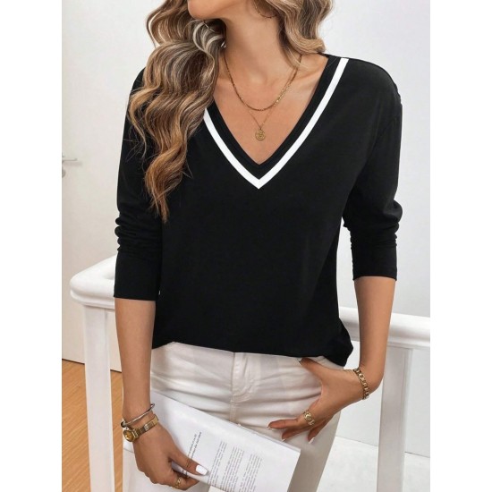 Kadın Uzun Kollu V Yakalı Viskon Iki Iplik Bluz , 29875
