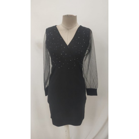 Kadın Uzun Kollu Kruvaze Yakalı Taşlı Mini Ithal Krep Elbise , 29874 Kadın Uzun Kollu Kruvaze Yakalı Taşlı Mini Ithal Krep Elbise , 29874