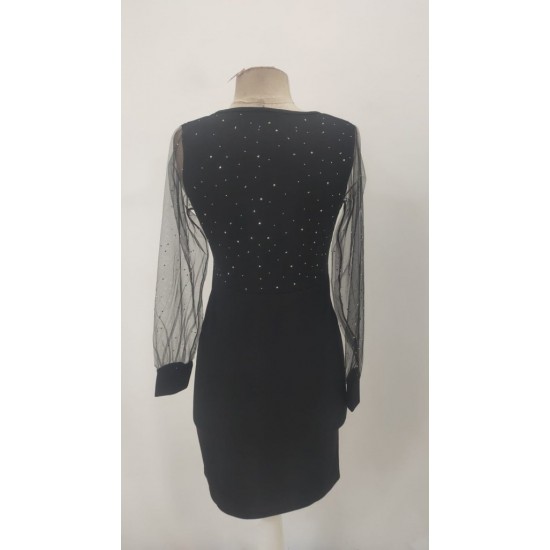 Kadın Uzun Kollu Kruvaze Yakalı Taşlı Mini Ithal Krep Elbise , 29874 Kadın Uzun Kollu Kruvaze Yakalı Taşlı Mini Ithal Krep Elbise , 29874