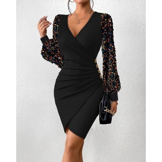 Kadın Uzun Kollu Pul Payetli Kruvaze Yaka Yandan Düğmeli Kısa Ithal Krep Elbise , 29900 Kadın Uzun Kollu Pul Payetli Kruvaze Yaka Yandan Düğmeli Kısa Ithal Krep Elbise , 29900