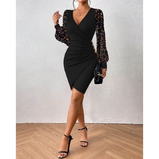 Kadın Uzun Kollu Pul Payetli Kruvaze Yaka Yandan Düğmeli Kısa Ithal Krep Elbise , 29900 Kadın Uzun Kollu Pul Payetli Kruvaze Yaka Yandan Düğmeli Kısa Ithal Krep Elbise , 29900