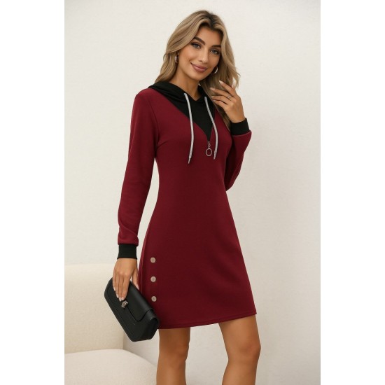Kadın Uzun Kollu Kapşonlu önden Fermuarlı Düğmeli Mini Iki Iplik Elbise , 29898
