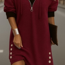 Kadın Uzun Kollu Kapşonlu önden Fermuarlı Düğmeli Mini Iki Iplik Elbise , 29898