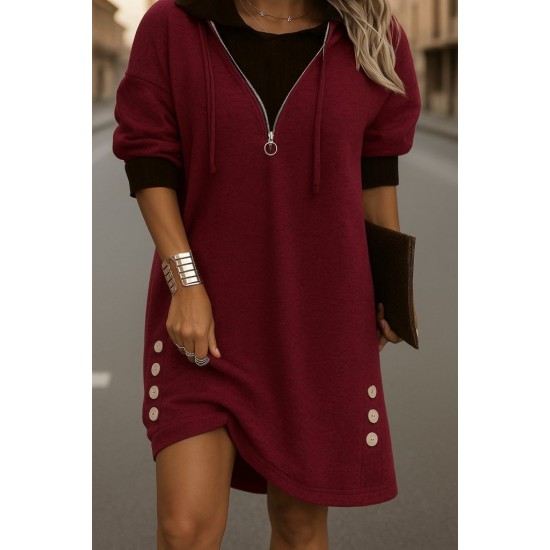 Kadın Uzun Kollu Kapşonlu önden Fermuarlı Düğmeli Mini Iki Iplik Elbise , 29898