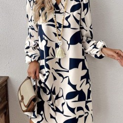 Kadın Uzun Kollu V Yakalı Desenli Modal Mini Elbise , 29889