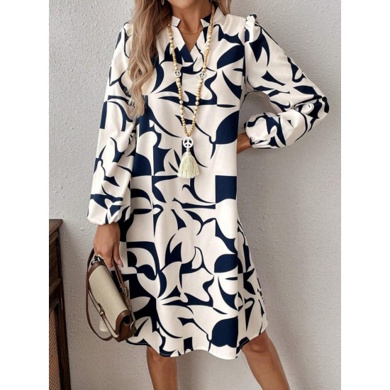 Kadın Uzun Kollu V Yakalı Desenli Modal Mini Elbise , 29889