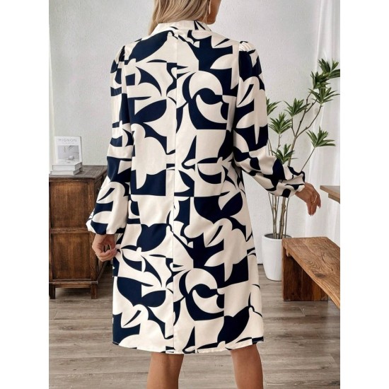 Kadın Uzun Kollu V Yakalı Desenli Modal Mini Elbise , 29889