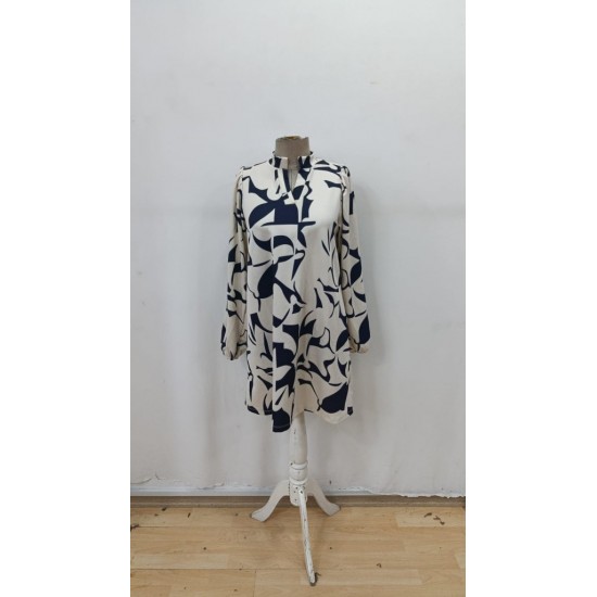 Kadın Uzun Kollu V Yakalı Desenli Modal Mini Elbise , 29889