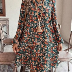 Kadın Uzun Kollu V Yakalı Desenli Modal Mini Elbise , 29888