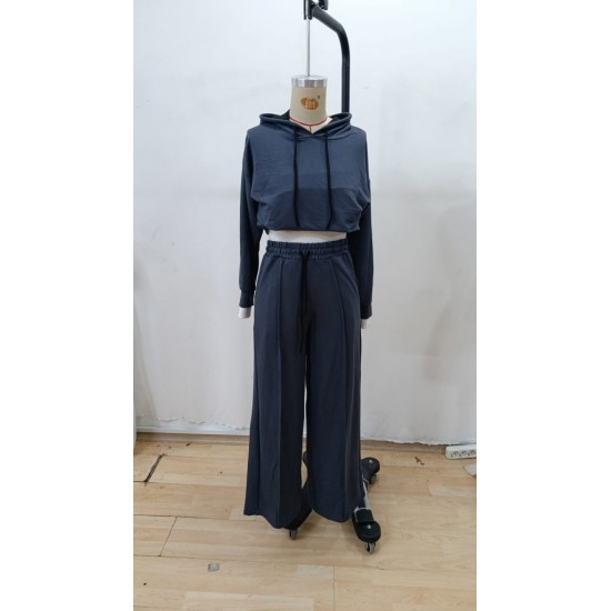 Kadın Uzun Kollu Kapşonlu Viskon Iki Iplik Füme Bluz Ve Pantolon Ikili Takım, 29885