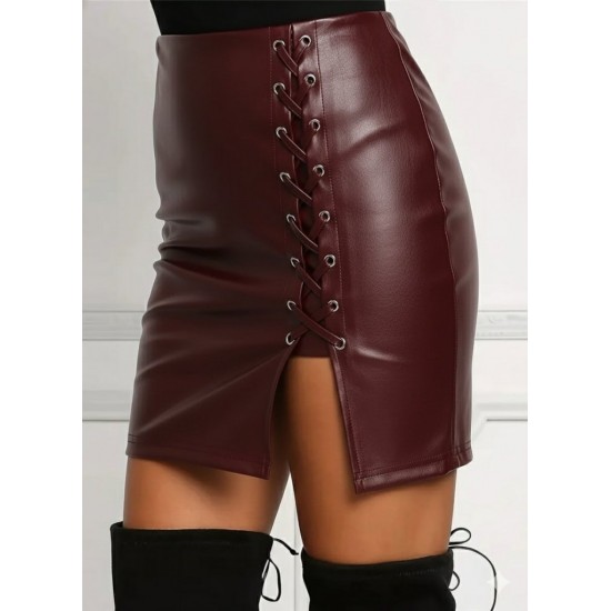 Kadın Yüksek Bel Yandan çapraz Bağcıklı Yırtmaçlı Mini Deri Etek, 29883