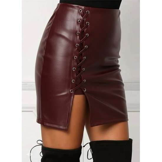 Kadın Yüksek Bel Yandan çapraz Bağcıklı Yırtmaçlı Mini Deri Etek, 29883