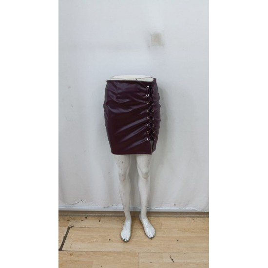 Kadın Yüksek Bel Yandan çapraz Bağcıklı Yırtmaçlı Mini Deri Etek, 29883