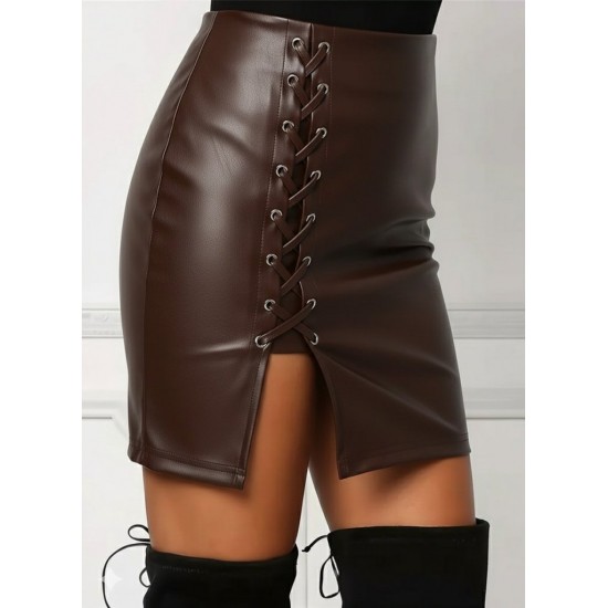 Kadın Yüksek Bel Yandan çapraz Bağcıklı Yırtmaçlı Mini Deri Etek, 29882 Kadın Yüksek Bel Yandan çapraz Bağcıklı Yırtmaçlı Mini Deri Etek, 29882