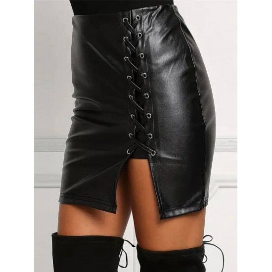 Kadın Yüksek Bel Yandan çapraz Bağcıklı Yırtmaçlı Mini Deri Etek , 29881