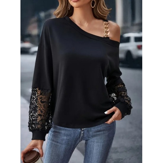 Kadın Uzun Kollu Tek Omuzu Açık Dantelli Viskon Iki Iplik Bluz, 29911
