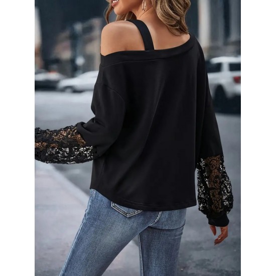 Kadın Uzun Kollu Tek Omuzu Açık Dantelli Viskon Iki Iplik Bluz, 29911