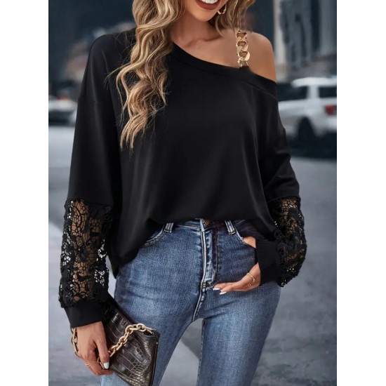 Kadın Uzun Kollu Tek Omuzu Açık Dantelli Viskon Iki Iplik Bluz, 29911