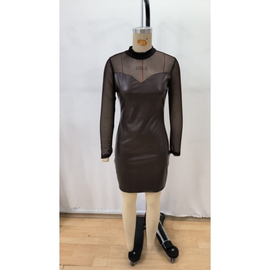 Kadın Uzun Kollu Balıkçı Yaka Tül Detaylı Mini Deri Elbise, 29908 Kadın Uzun Kollu Balıkçı Yaka Tül Detaylı Mini Deri Elbise, 29908