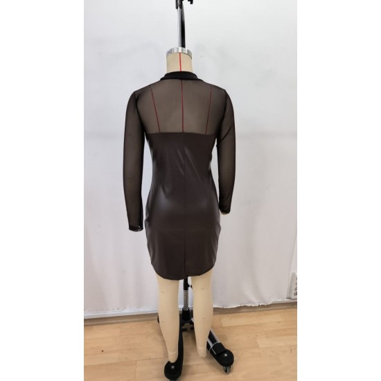 Kadın Uzun Kollu Balıkçı Yaka Tül Detaylı Mini Deri Elbise, 29908 Kadın Uzun Kollu Balıkçı Yaka Tül Detaylı Mini Deri Elbise, 29908