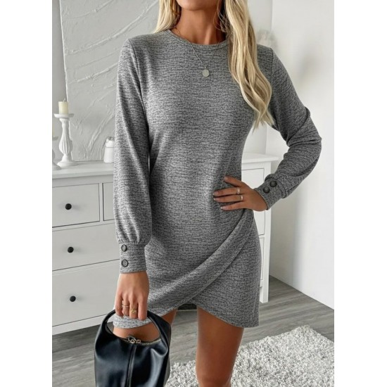 Kadın Uzun Kollu Bisiklet Yaka önden Asimetrik Kesim Detaylı Mini Yumoş Elbise, 29904