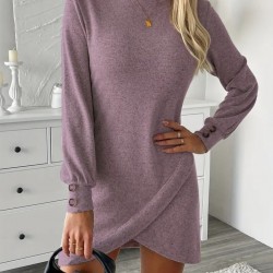 Kadın Uzun Kollu Bisiklet Yaka önden Asimetrik Kesim Detaylı Mini Yumoş Elbise, 29903