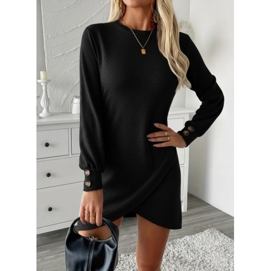 Kadın Uzun Kollu Bisiklet Yaka önden Asimetrik Kesim Detaylı Mini Yumoş Elbise , 29902