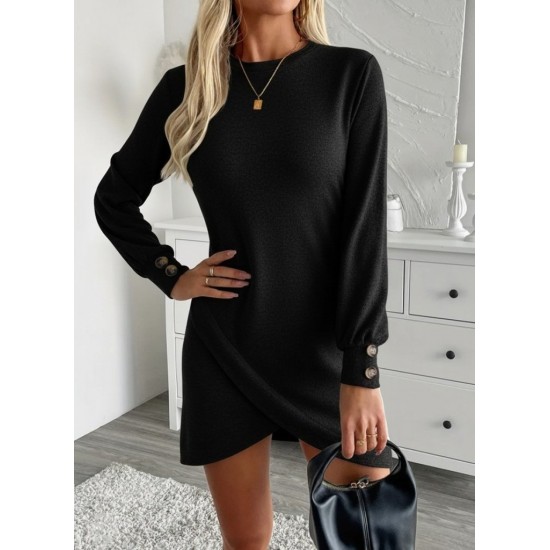 Kadın Uzun Kollu Bisiklet Yaka önden Asimetrik Kesim Detaylı Mini Yumoş Elbise , 29902