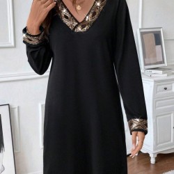 Kadın Uzun Kollu V Yakalı Pulpayet Detaylı Mini Ithal Krep Elbise , 29916 Kadın Uzun Kollu V Yakalı Pulpayet Detaylı Mini Ithal Krep Elbise , 29916