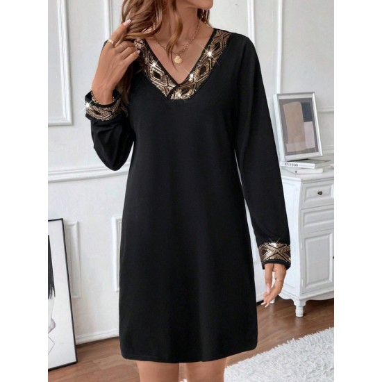 Kadın Uzun Kollu V Yakalı Pulpayet Detaylı Mini Ithal Krep Elbise , 29916