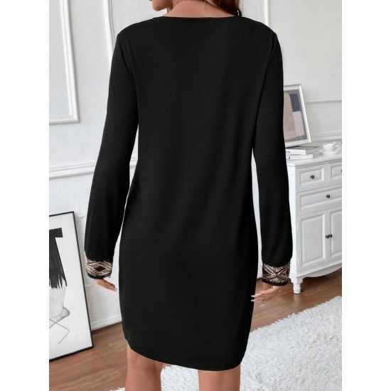 Kadın Uzun Kollu V Yakalı Pulpayet Detaylı Mini Ithal Krep Elbise , 29916