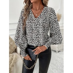 Kadın Uzun Kollu V Yaka Kollar Gipe Detaylı Leopar Desenli Süprem Bluz , 29915