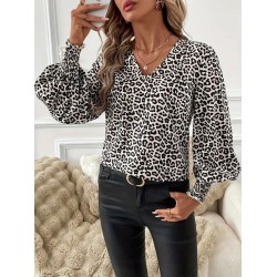 Kadın Uzun Kollu V Yaka Kollar Gipe Detaylı Leopar Desenli Süprem Bluz , 29915