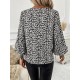 Kadın Uzun Kollu V Yaka Kollar Gipe Detaylı Leopar Desenli Süprem Bluz , 29915