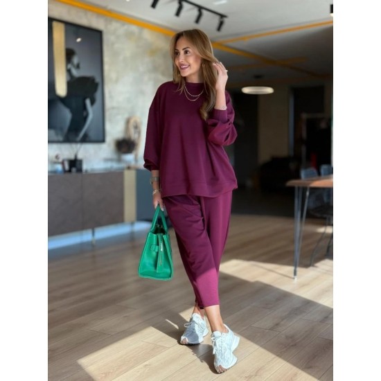 Kadın Uzun Kollu Bisiklet Yaka Viskon Iki Iplik Mor Bluz Ve Pantolon Ikili Takım , 29913