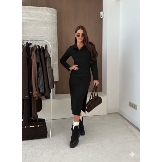 Kadın Uzun Kollu Yakalı Yandan Yırtmaçlı Midi Modal Elbise , 29921