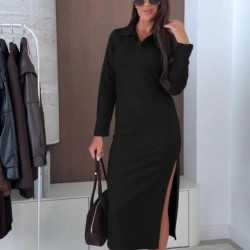 Kadın Uzun Kollu Yakalı Yandan Yırtmaçlı Midi Modal Elbise , 29921 Kadın Uzun Kollu Yakalı Yandan Yırtmaçlı Midi Modal Elbise , 29921