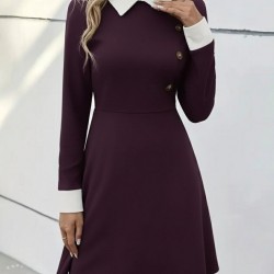 Kadın Uzun Kollu Yakalı Düğmeli Mürdüm Modal Mini Elbise , 29946