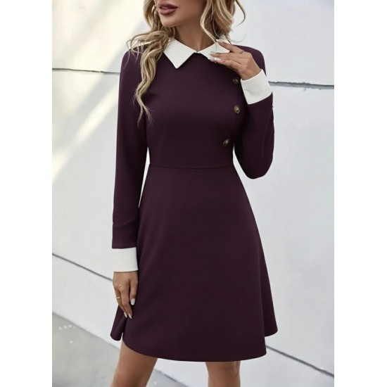 Kadın Uzun Kollu Yakalı Düğmeli Mürdüm Modal Mini Elbise , 29946