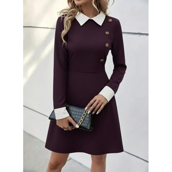 Kadın Uzun Kollu Yakalı Düğmeli Mürdüm Modal Mini Elbise , 29946