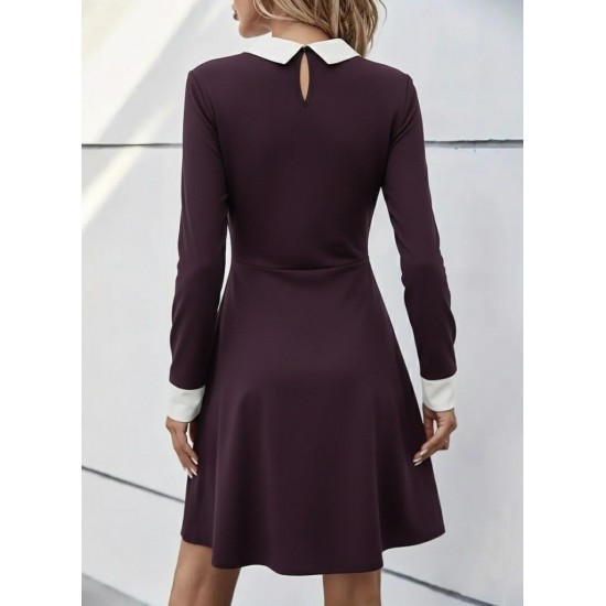 Kadın Uzun Kollu Yakalı Düğmeli Mürdüm Modal Mini Elbise , 29946