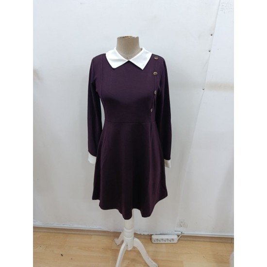 Kadın Uzun Kollu Yakalı Düğmeli Mürdüm Modal Mini Elbise , 29946