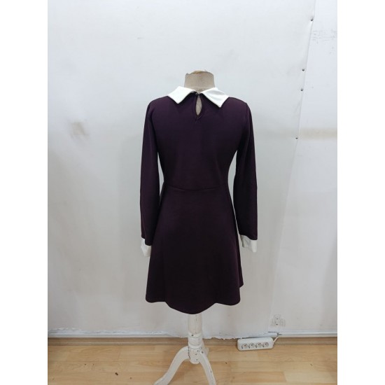 Kadın Uzun Kollu Yakalı Düğmeli Mürdüm Modal Mini Elbise , 29946