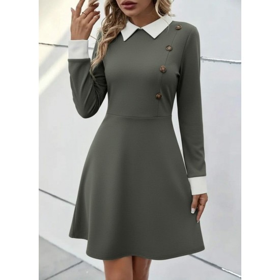 Kadın Uzun Kollu Yakalı Düğmeli çağla Yeşili Modal Mini Elbise , 29944