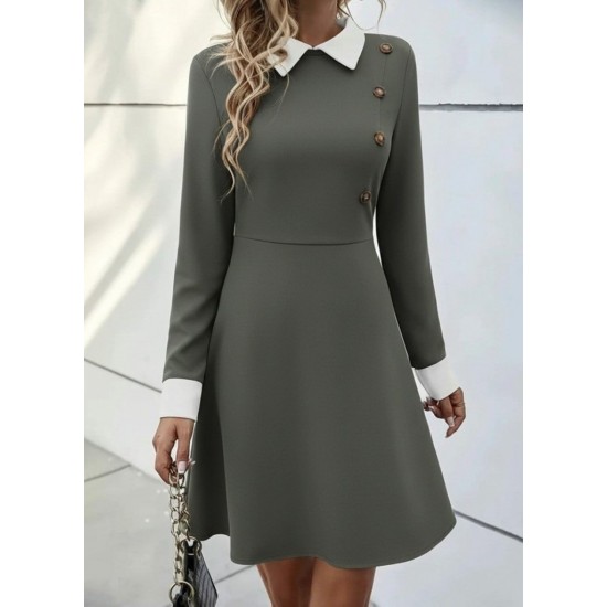 Kadın Uzun Kollu Yakalı Düğmeli çağla Yeşili Modal Mini Elbise , 29944
