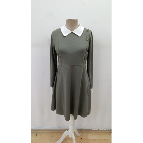 Kadın Uzun Kollu Yakalı Düğmeli çağla Yeşili Modal Mini Elbise , 29944