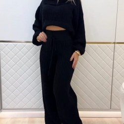 Kadın Uzun Kollu Balıkçı Yaka Kısa Triko Bluz Ve Pantolon Ikili Takım , 29957