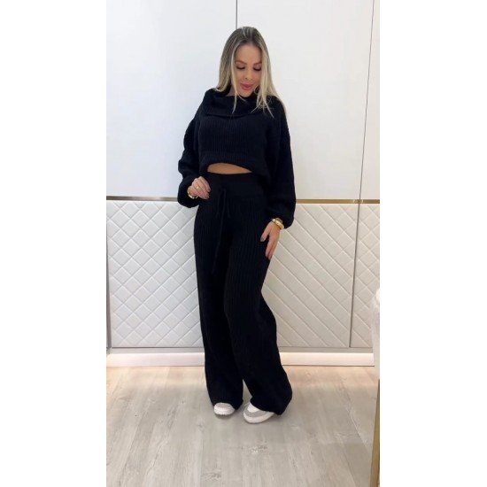 Kadın Uzun Kollu Balıkçı Yaka Kısa Triko Bluz Ve Pantolon Ikili Takım , 29957