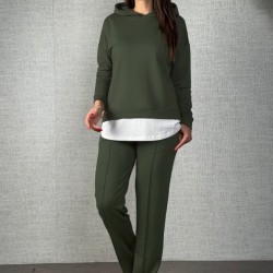 Kadın Uzun Kollu Kapşonlu Bağcıklı Viskon Iki Iplik Bluz Ve Pantolon Ikili Takım, 29953